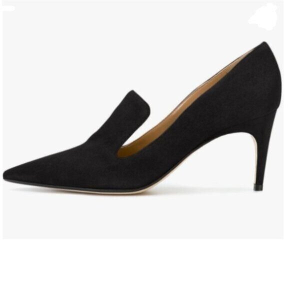 YDN Black Mid Heels Slip on Loafer Stilettos Pumps Pointy Toe Slide Suede Shoes - Picture 1 of 8